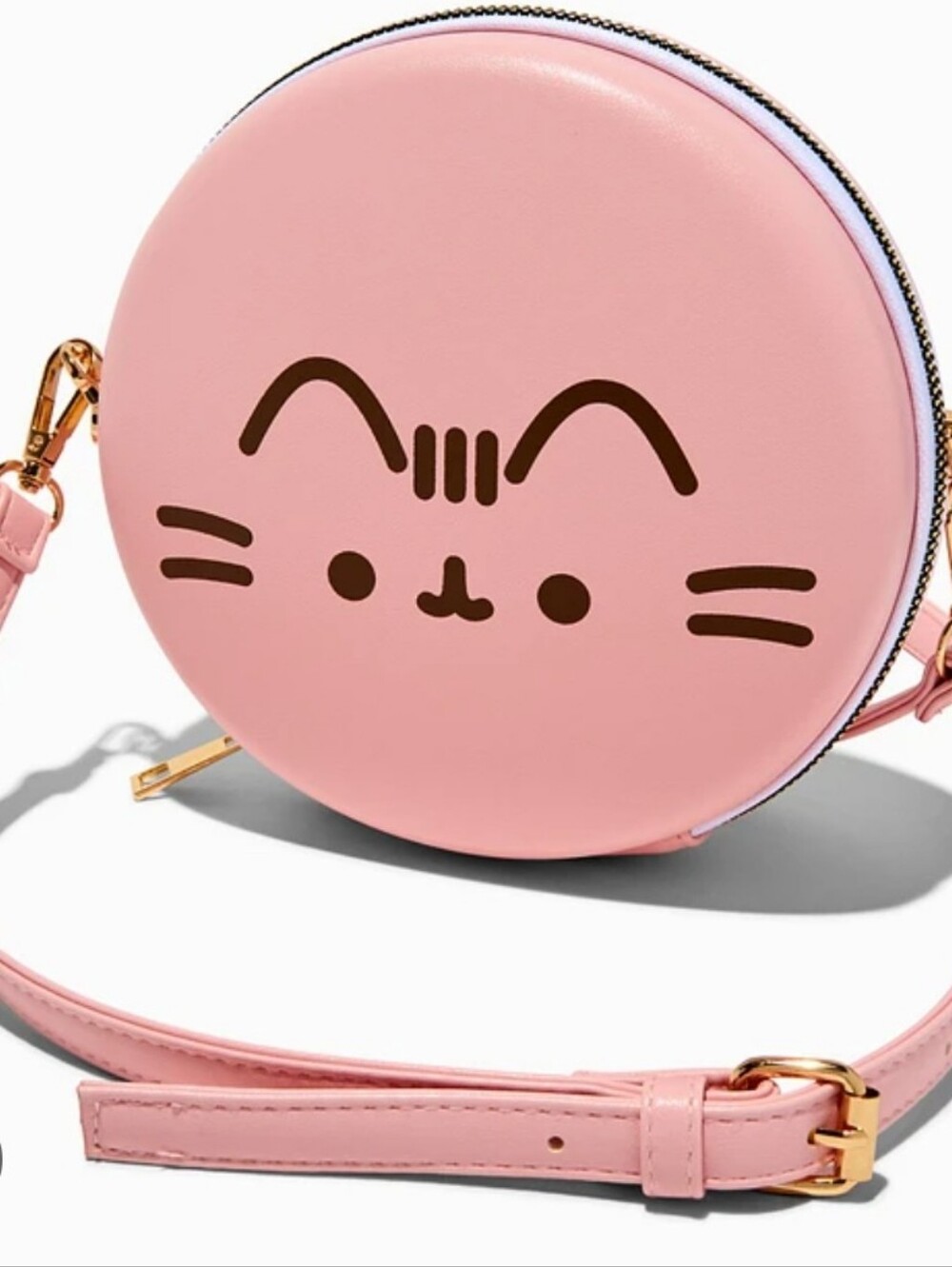 pink Pusheen Macaron Crossbody Bag featuring a cute embroidered cat face on the